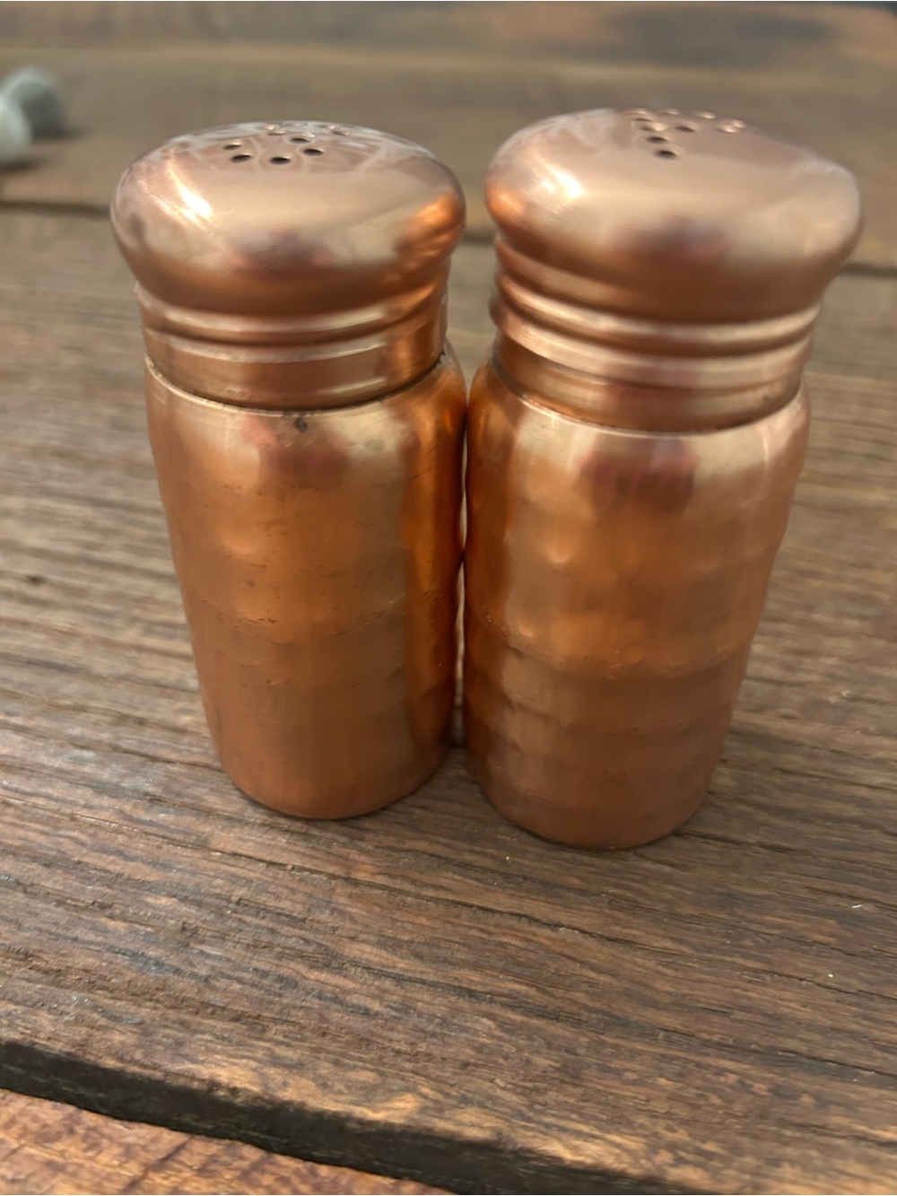 Hammered Stainless Steel Salt & Pepper Shakers with cooper finish